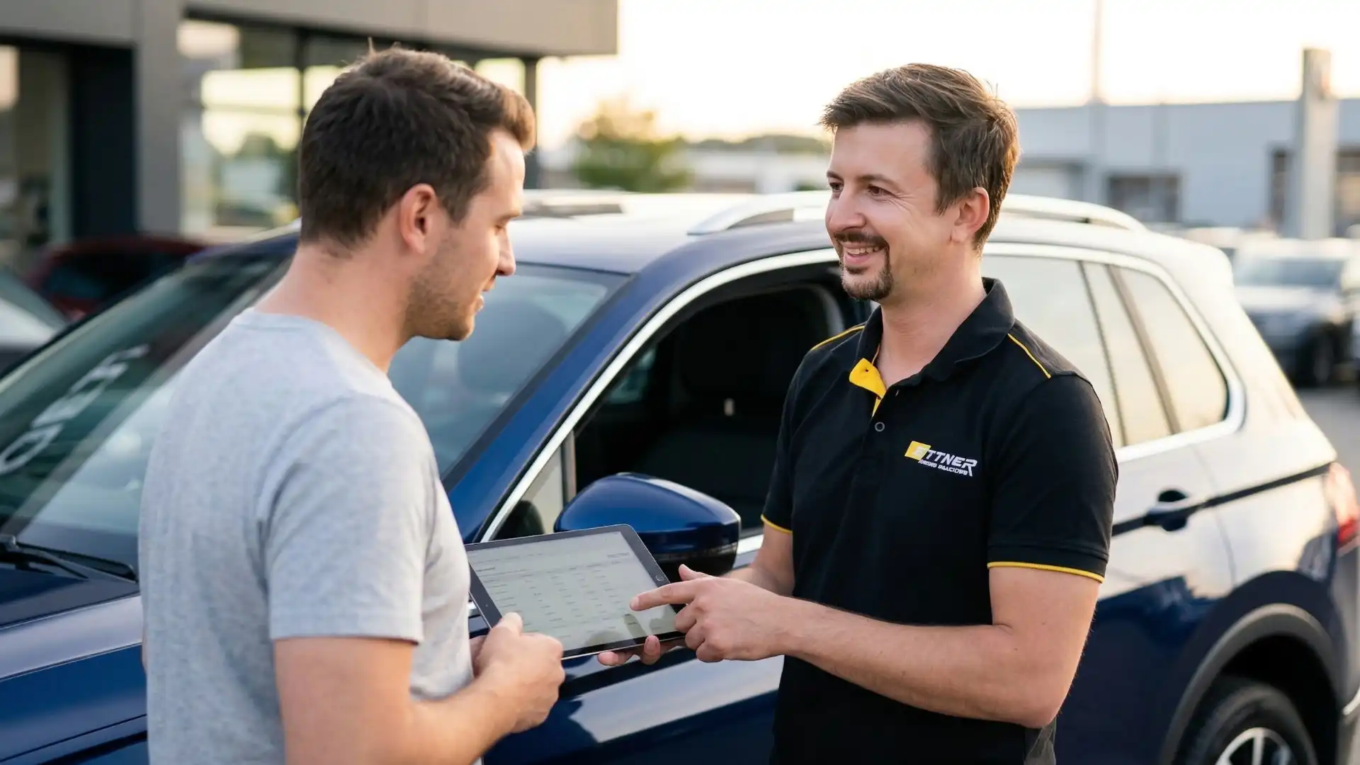 KFZ Gutachter berät Kunden nach Unfall in Renningen vor Fahrzeug