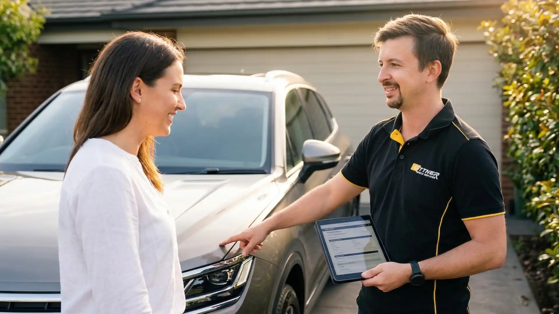 KFZ Gutachter erklärt Fahrzeugbewertung an Kundin in Renningen