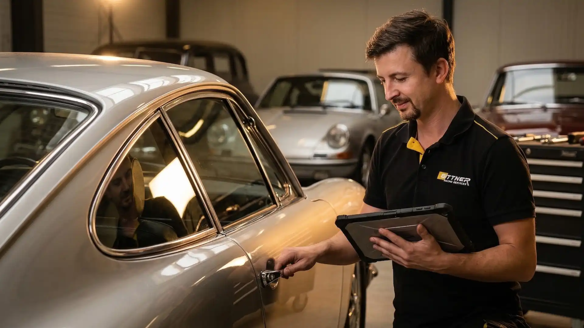KFZ Gutachter bewertet Oldtimer Fahrzeug in Werkstatt in Renningen