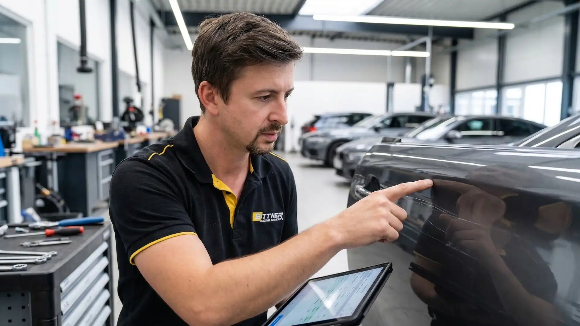 KFZ Gutachter untersucht Schaden an Fahrzeug in Werkstatt in Renningen