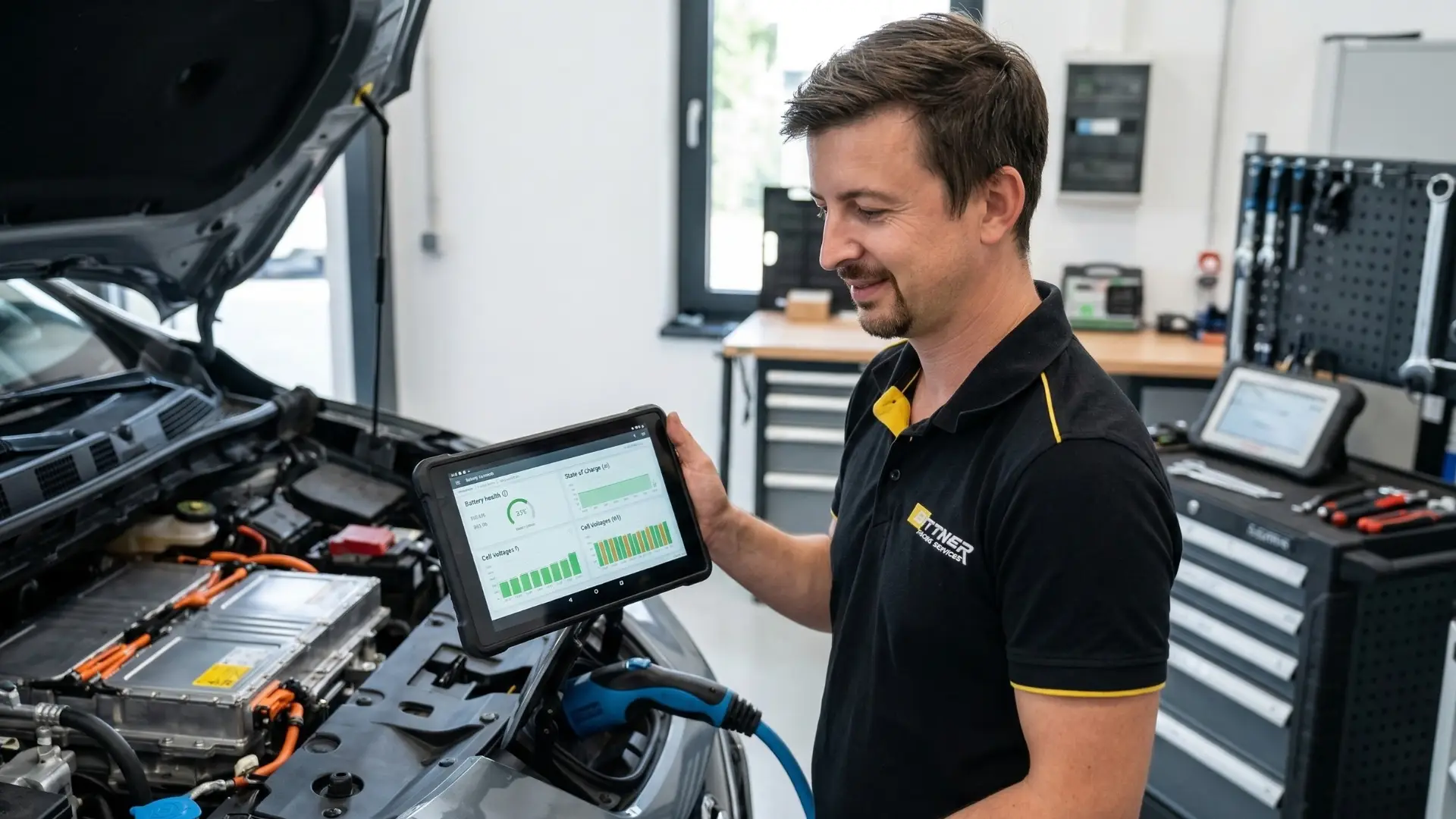 KFZ Gutachter prüft Batterie eines Elektrofahrzeugs mit Diagnosegerät in Renningen